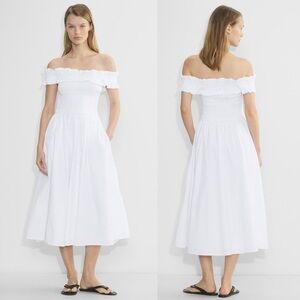 NEW! Aritzia- Wilfred Becky Poplin Dress Size Medium White Off Shoulder Smocked